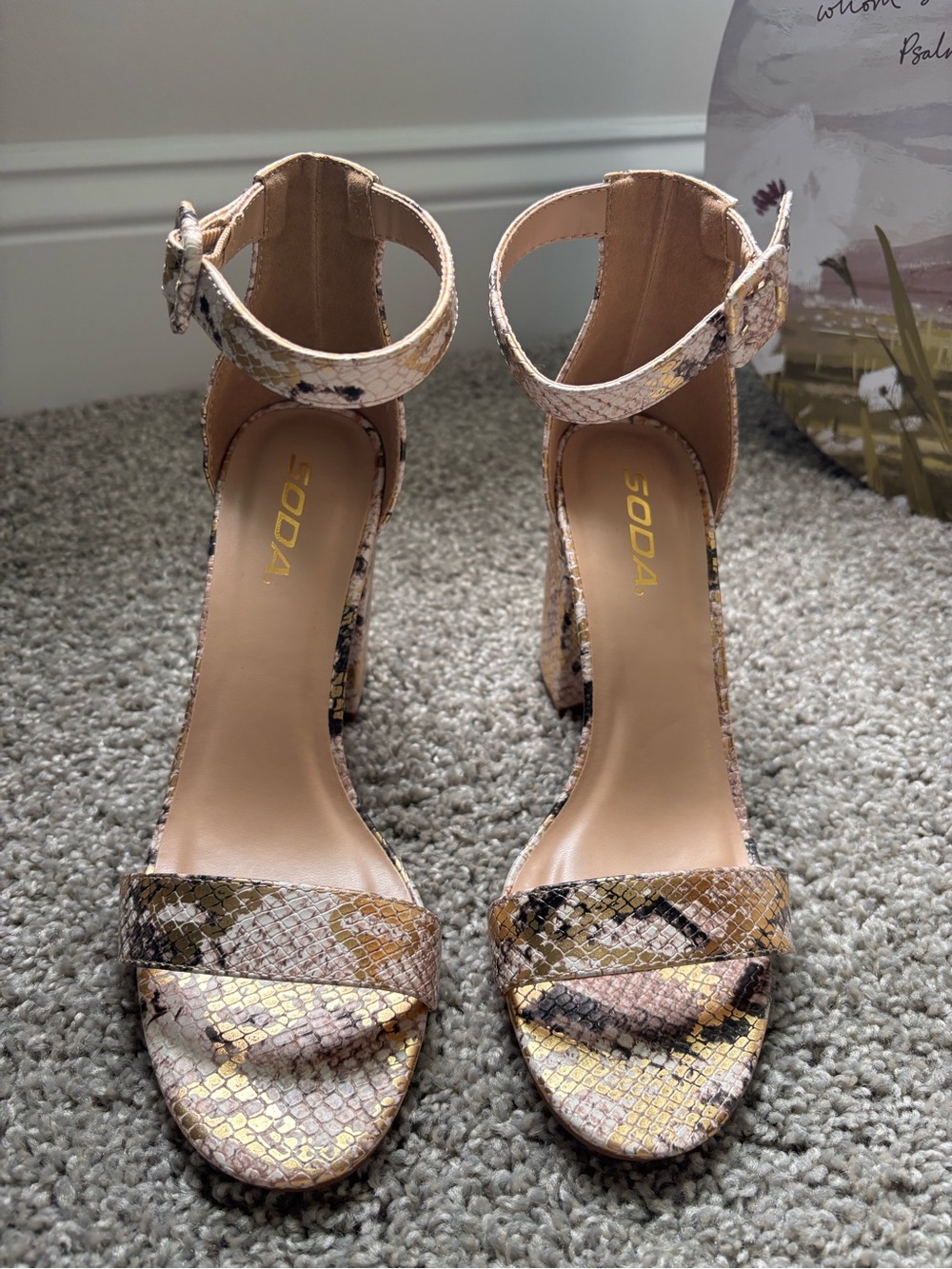 Soda Neutral Multi Snake-Print Ankle-Strap Heeled Sandals